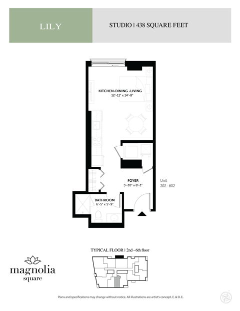 Floor plan for studio, 1 bath, 438 sqft